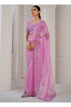 Mauve Pink Soft Organza handwork wedding saree with blouse 1033D