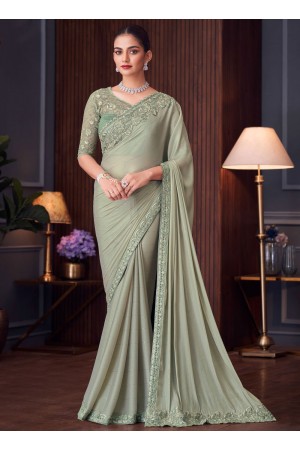 Mint green silk sequins embroidered wedding saree with blouse 30003