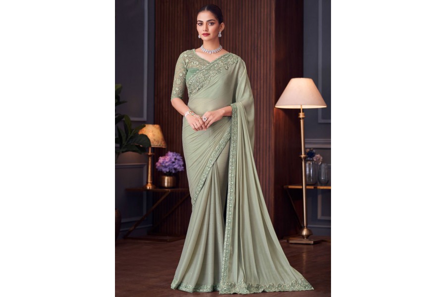 Mint & Green Heavy Silk Embroidered Bridal Wear Saree main image 1