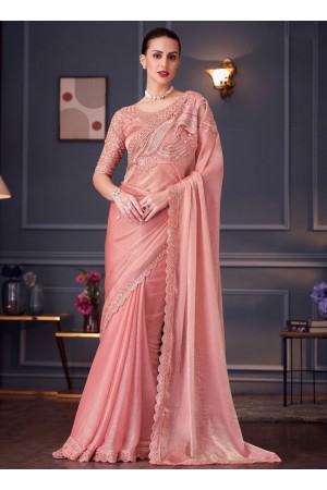 Peach silk chiffon sequins embroidered wedding saree with blouse 30016