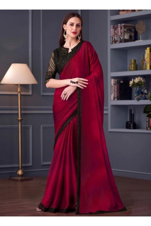 Pinkish Red satin chiffon sequins embroidered wedding saree with blouse 30018