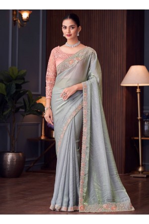 Powder blue satin georgette sequins embroidered wedding saree with blouse 30017