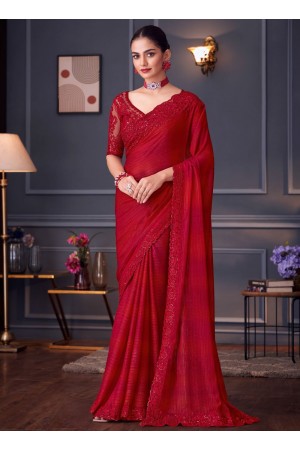 Red glitter silk sequins embroidered wedding saree with blouse 30009