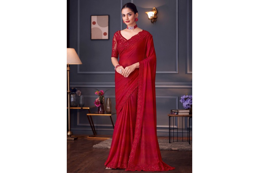 Red glitter silk sequins embroidered wedding saree with blouse 30009