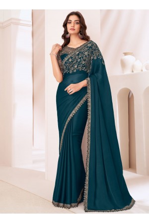 Teal blue satin chiffon sequins embroidered wedding saree with blouse 1309E