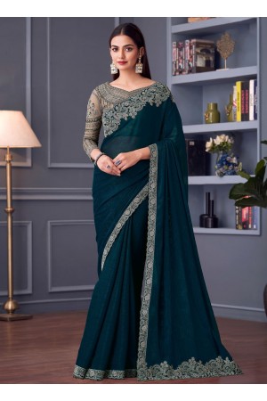 Teal blue silk chiffon sequins embroidered wedding saree with blouse 30005