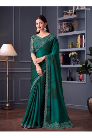 Teal green satin chiffon sequins embroidered wedding saree with blouse 30013