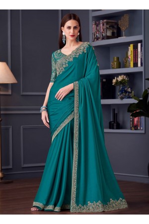 Teal green silk chiffon sequins embroidered wedding saree with blouse 30002