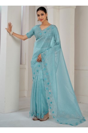 Sea blue Soft Organza handwork wedding saree with blouse 1033C