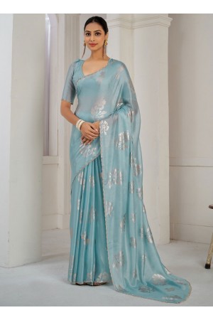 Sea blue Satin silk foil work wedding saree with blouse 1021D