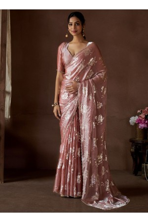 Onion Pink Satin silk foil work wedding saree with blouse 1012B