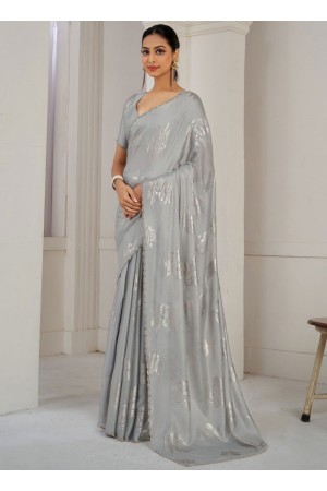 Grey Satin silk foil work wedding saree with blouse 1021B