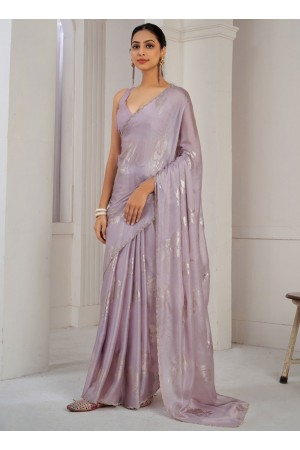 Lavender Satin silk foil work wedding saree with blouse 1021A