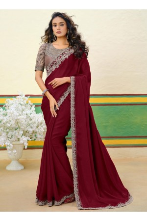 Maroon Shimmer georgette sequins embroidered wedding saree with blouse 1002