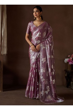 Purple Satin silk foil work wedding saree with blouse 1012D