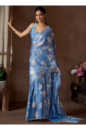 Blue Satin silk foil work wedding saree with blouse 1012C