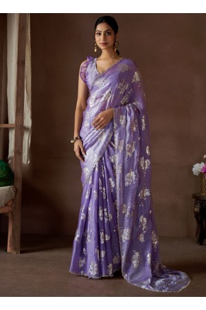 Lavender Satin silk foil work wedding saree with blouse 1012A