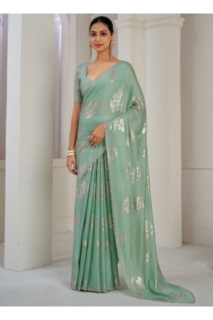Sea green Satin silk foil work wedding saree with blouse 1021E