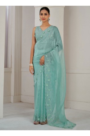 Turquoise Soft Organza handwork wedding saree with blouse 1033B
