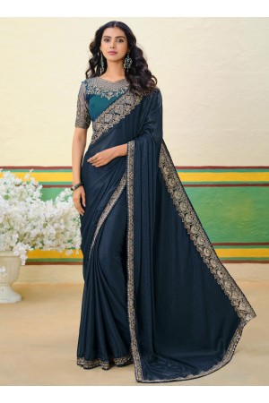 Teal blue Shimmer georgette sequins embroidered wedding saree with blouse 1001