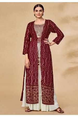 Maroon georgette readymade jacket style suit 27005