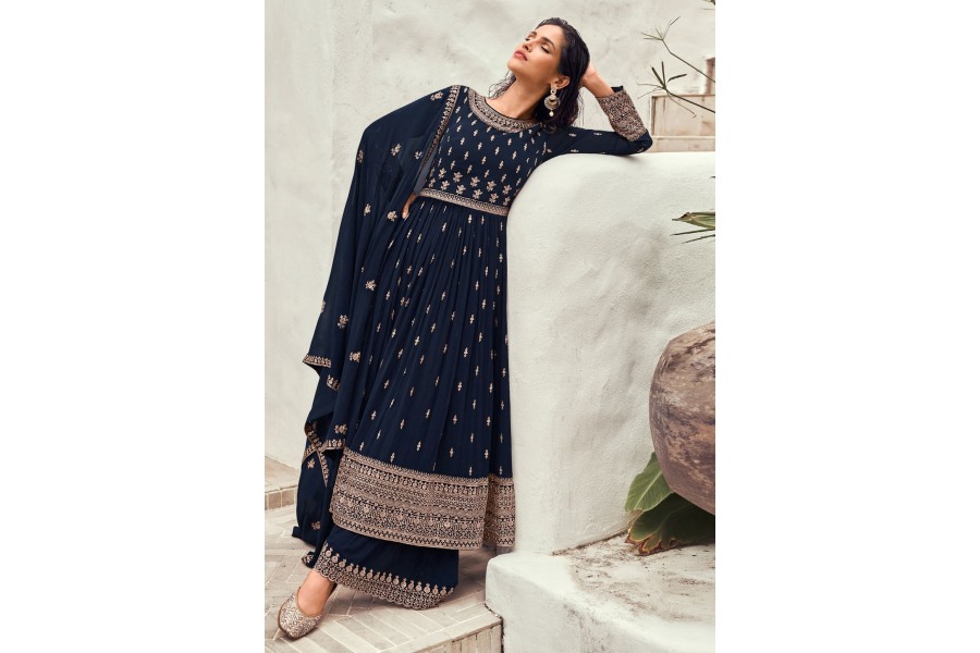 Navy Blue Palazzo style Dress Viscose Georgette main image 1