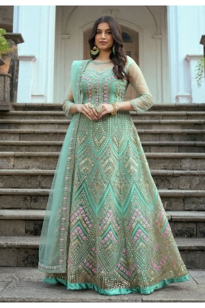 Sea green net long anarkali suit 1002