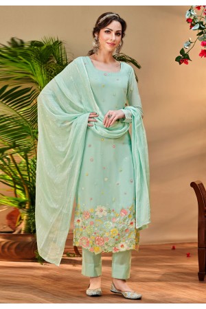 Sea green viscose georgette pant style suit 10115