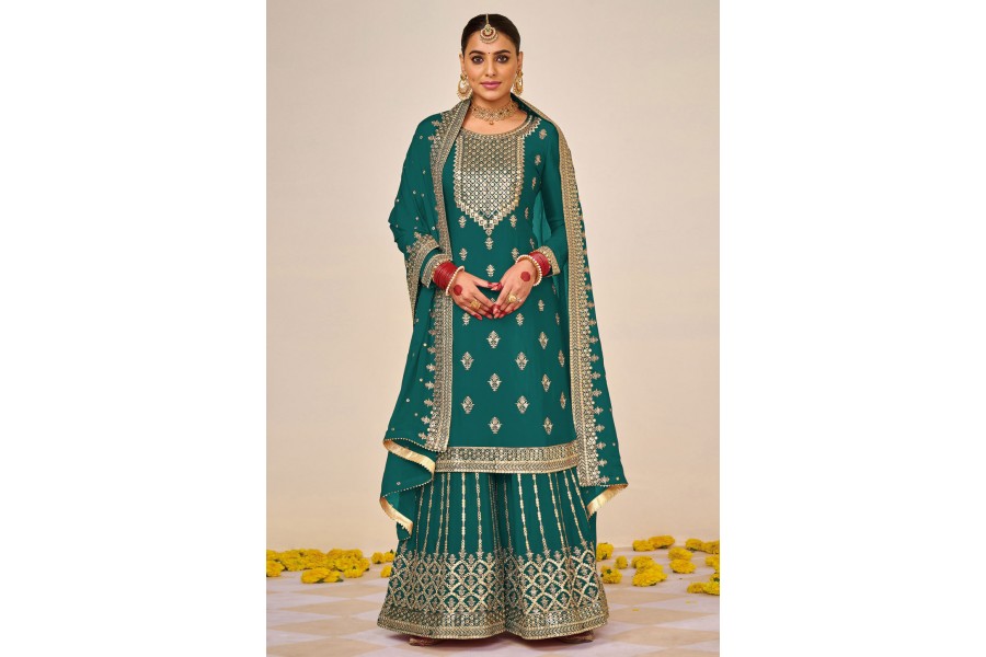 Teal Pant style Suit Faux Georgette main image 1
