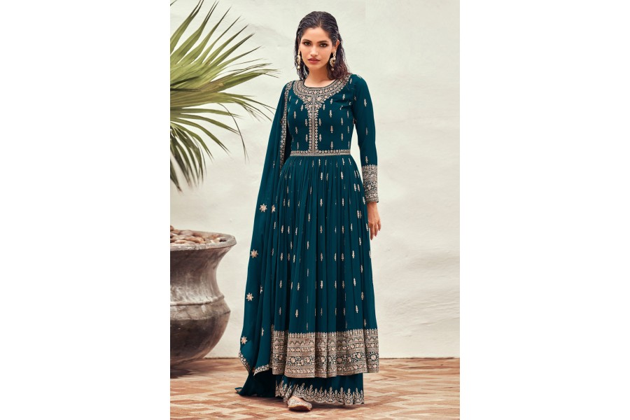 Georgette Teal Green Heavy Embroidered Palazzo Suit