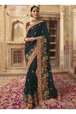 Dark blue and red barfi silk Indian wedding Saree