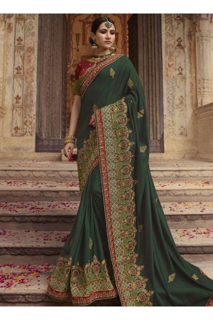 Dark green Barfi silk Indian wedding Saree