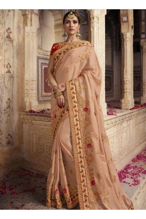 Peach color gulmohar silk Indian wedding Saree