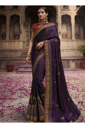 Dark purple barfi silk Indian wedding Saree