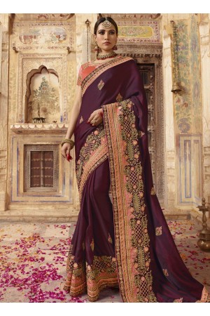 Wine color barfi silk Indian wedding Saree