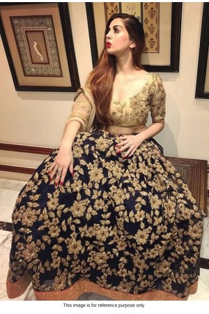 Bollywood Model Navy blue and beige silk lehenga