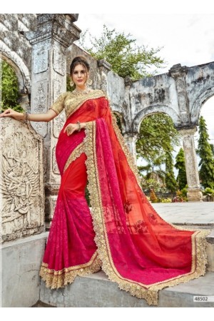 Pink red designer fancy party wear saree 48502