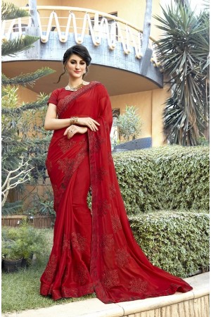 Red designer fancy party wear saree 75009