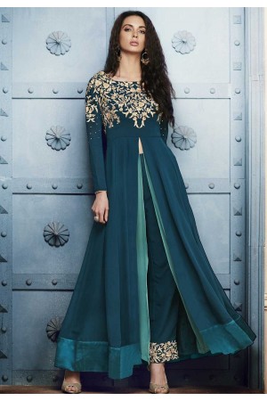 Teal green georgette straight cut salwar 1044B