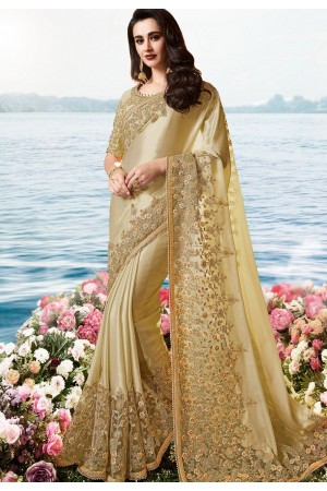 beige satin silk heavy embroidered saree 6203