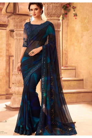 blue georgette bordered party wear saree 24010