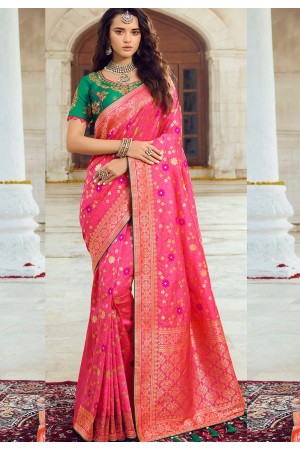 bright pink green art silk traditional saree 10039