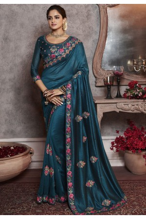 dark blue art silk embroidered party wear saree 2166