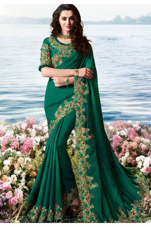 dark green art silk heavy embroidered saree 6211