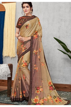 evening brown silk georgette printed embroidered saree 11416