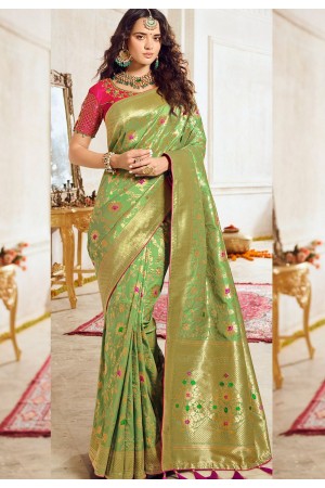 green pink art silk traditional saree 10040