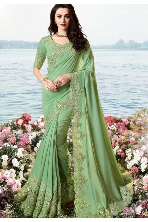 green satin silk heavy embroidered saree 6208