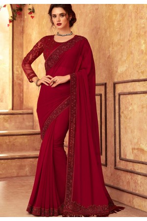 maroon georgette embroidered bordered saree 24015