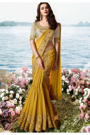 mustard grey art silk heavy embroidered saree 6205