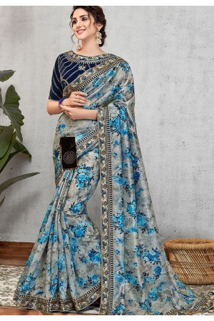 occasional blue silk printed embroidered saree 11418